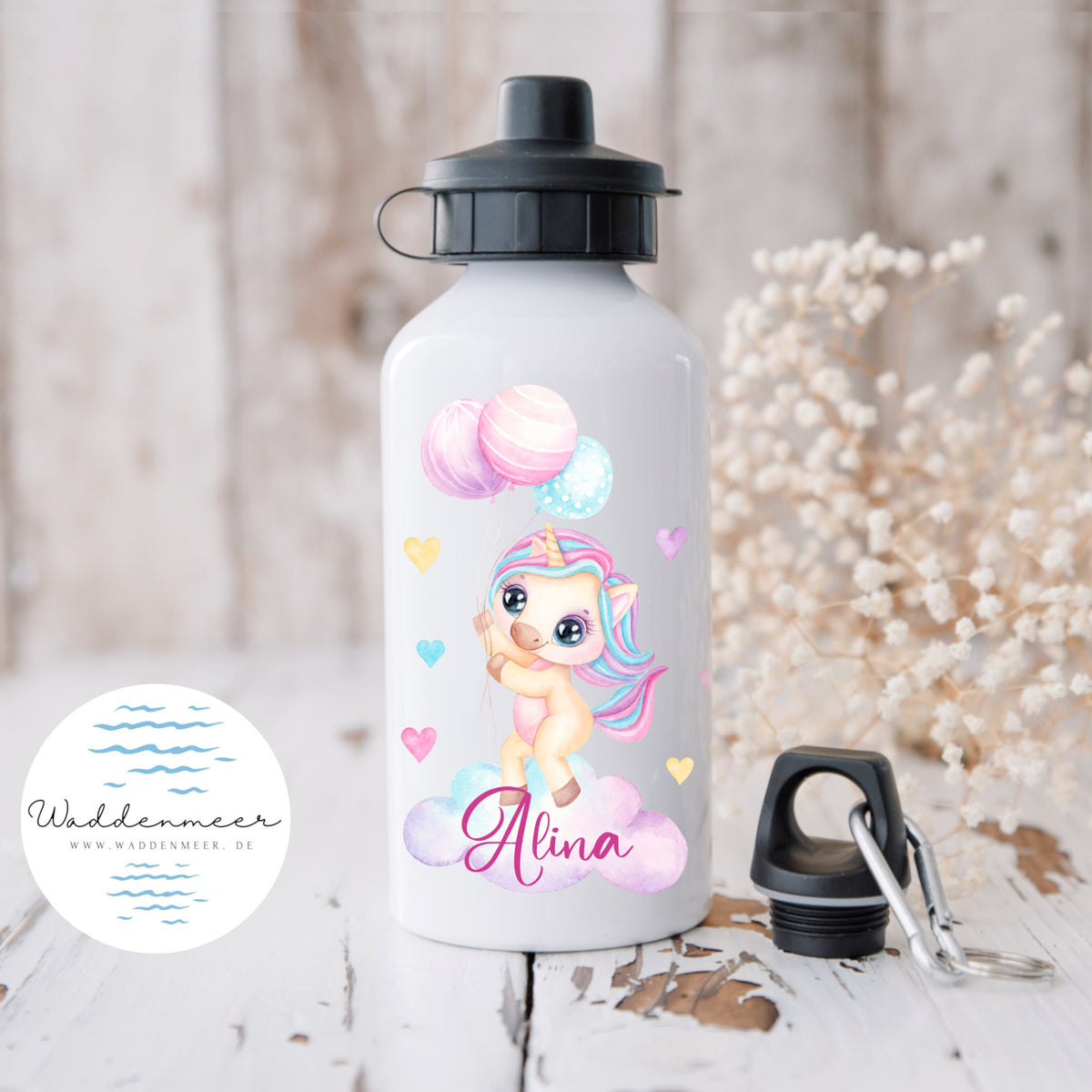 Trinkflasche Einhorn mit Luftballons